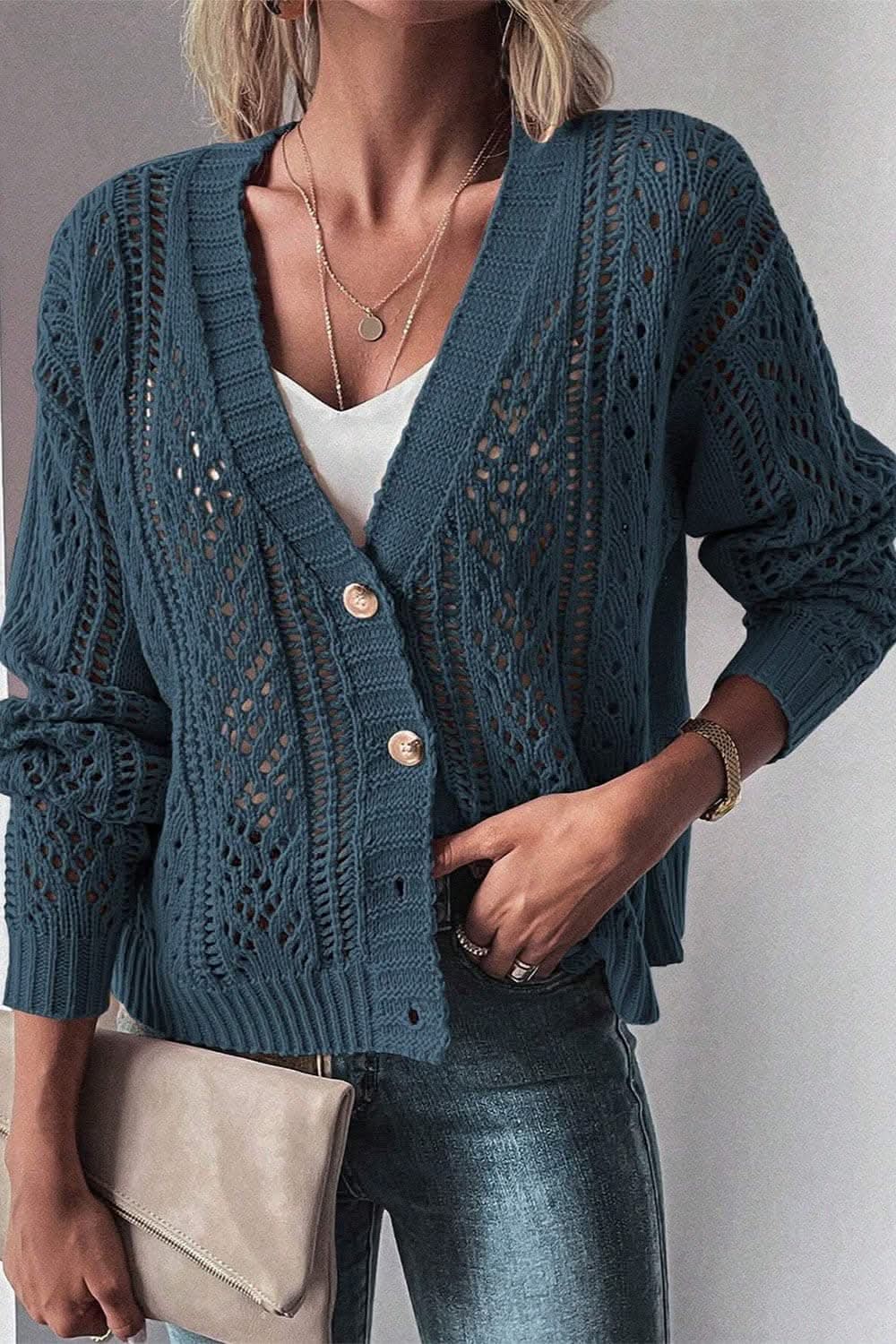 Cotton Blend Openwork Cardigan by Trendsi | Peacock Blue