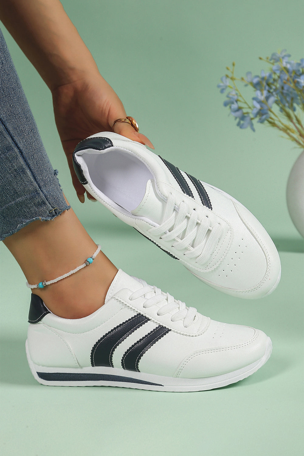 Zapatillas Deportivas Casuales de Cordones a Rayas de Cuero Sintético Blanco
