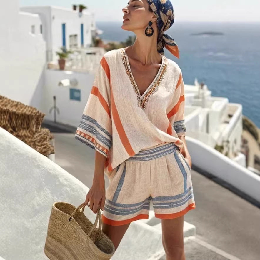 Conjunto de top con cuello en V y shorts de lino a rayas para mujer