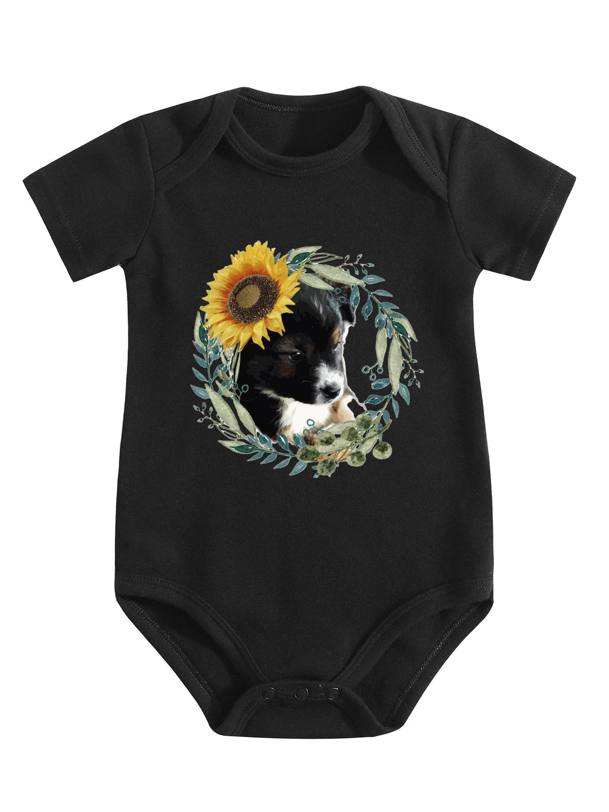 Cute Black Puppy Unisex Cotton Short Sleeve Baby Onesie Outfit