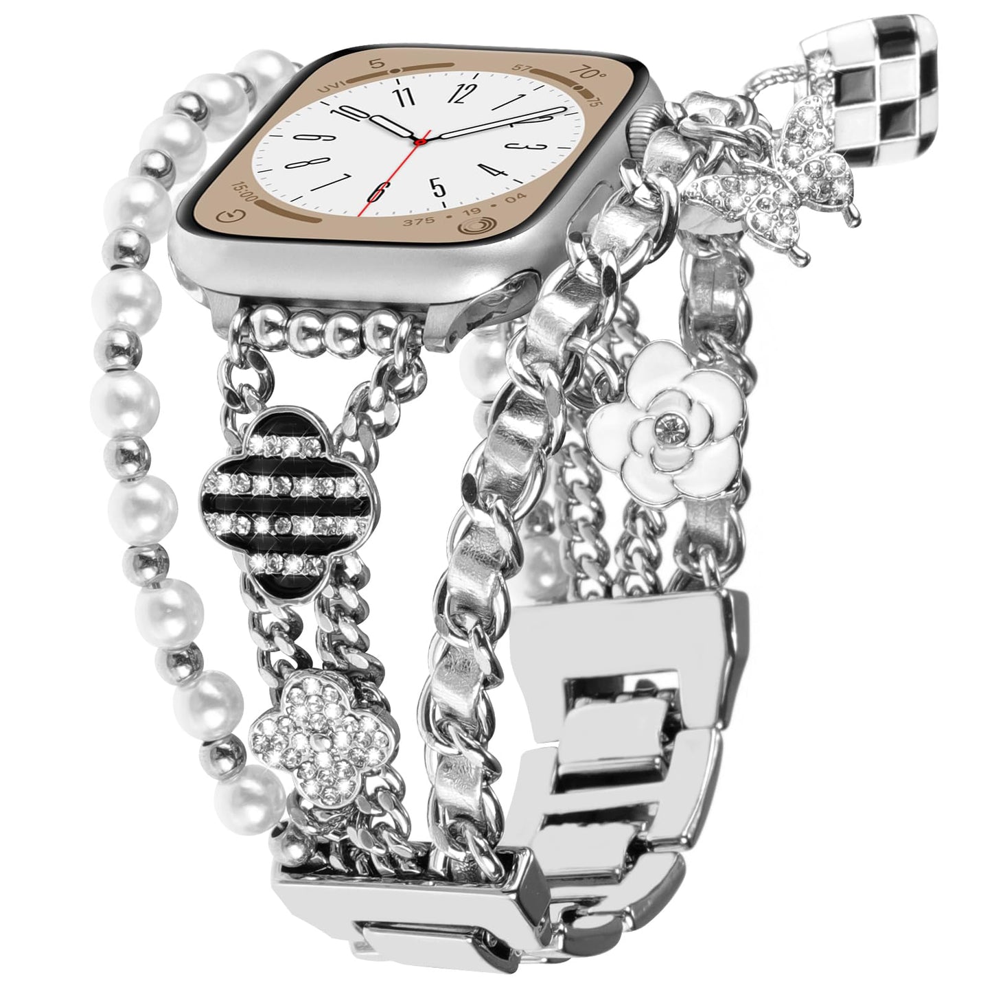 Stylish Metal Bands Compatible with Apple Watch Band 38mm 40mm 41mm 42mm 44mm 45mm 46mm 49mm Women Chain Multilayer Wrap Bracelet Charms Pendants Strap for iWatch Series 10 9 8 7 6 5 4 3 2 1 SE Ultra (Silver Link/Silver Leather 38/40/41/42mm(Series 10)