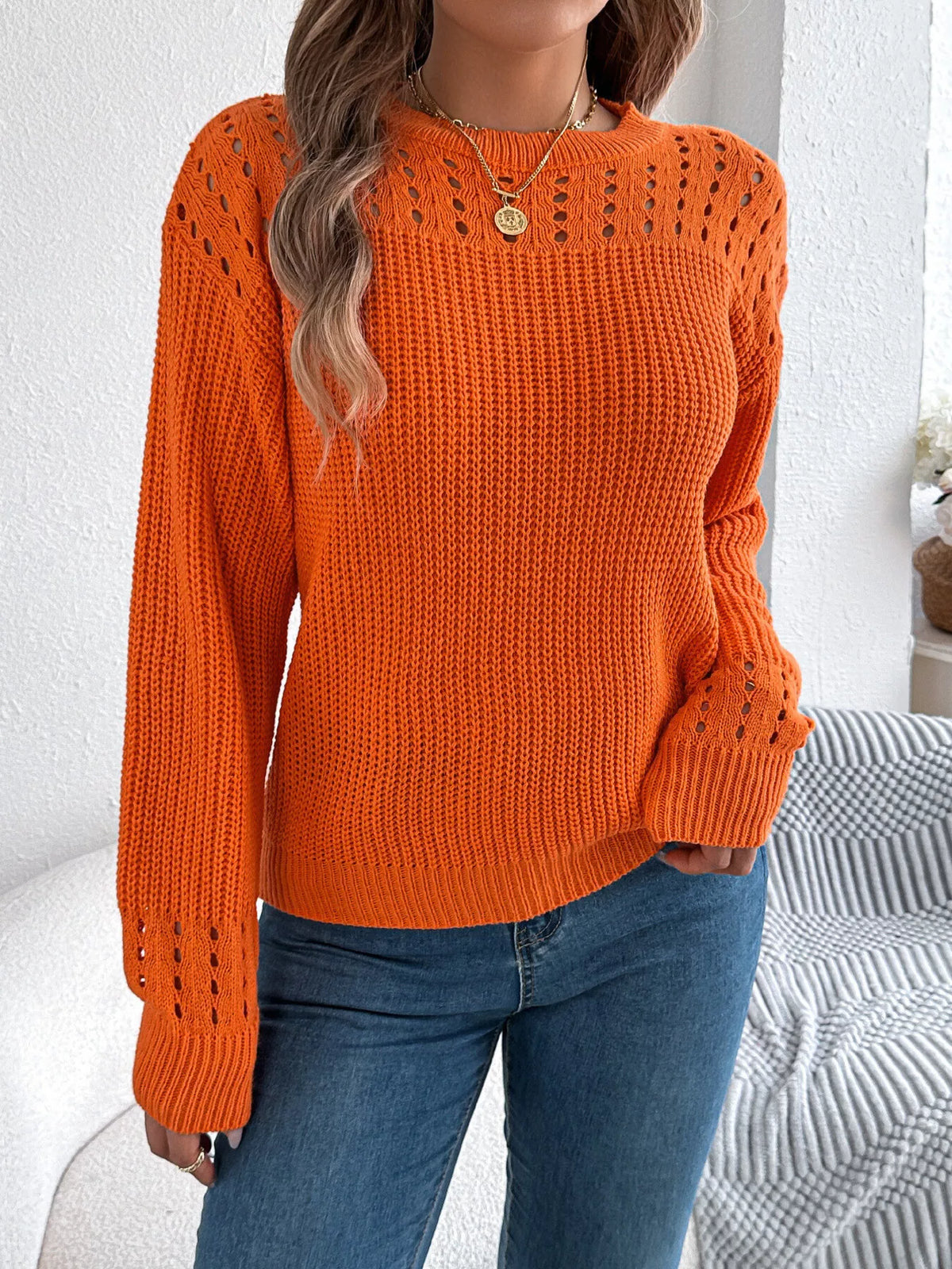 Openwork Round Neck Long Sleeve Sweater