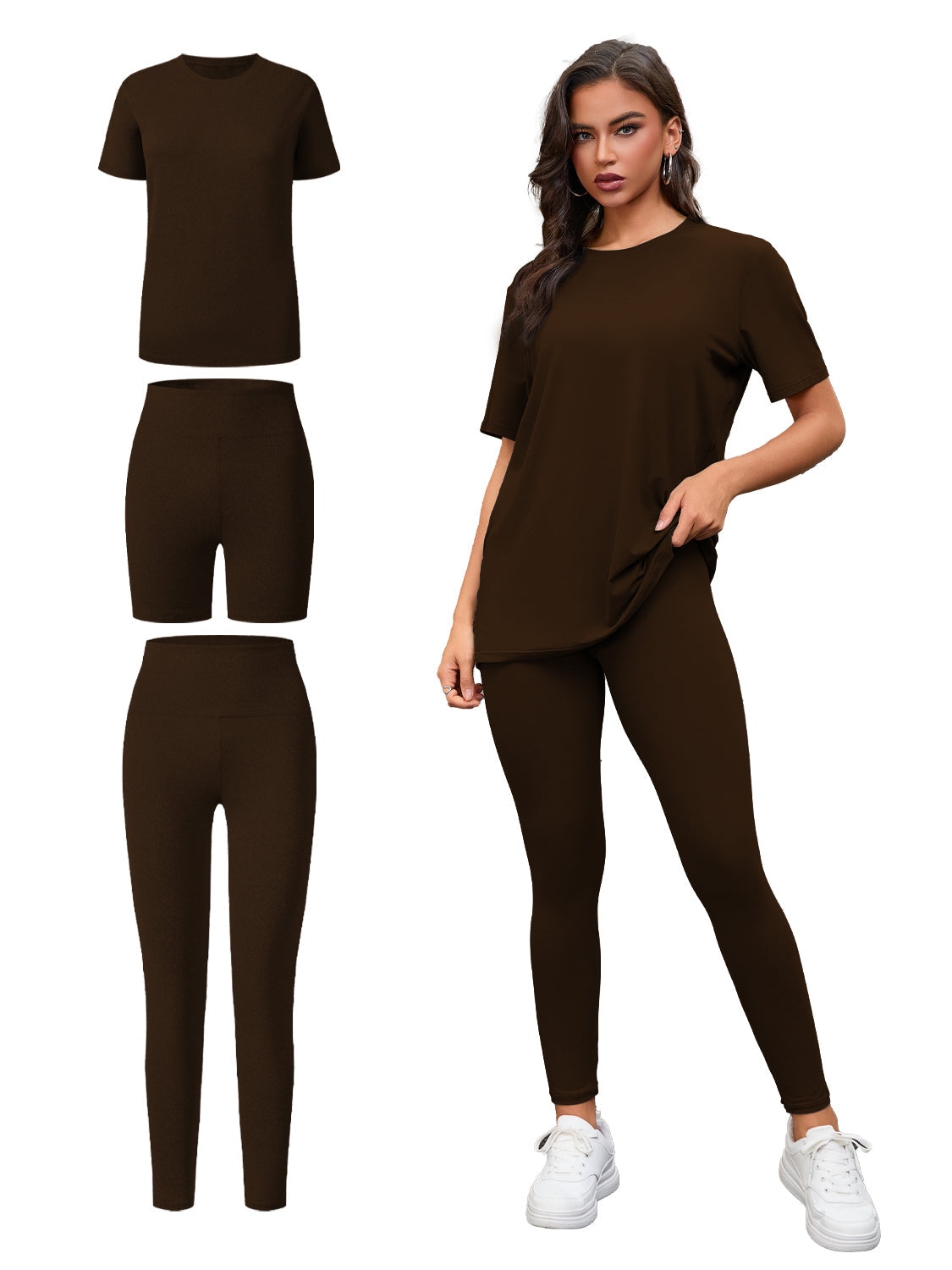 Conjunto de Tres Piezas, Top de Manga Corta de Cuello Redondo y Conjunto de Pantalones Cortos y Largos, Ropa Deportiva e Informal. Consulte la tabla de tallas en "más detalles"