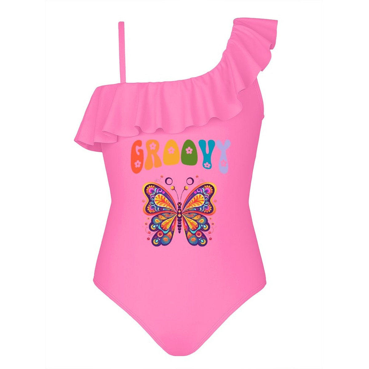 Groovy Butterfly Girls' Ruffled One-Piece Swimsuit (Front Printing)