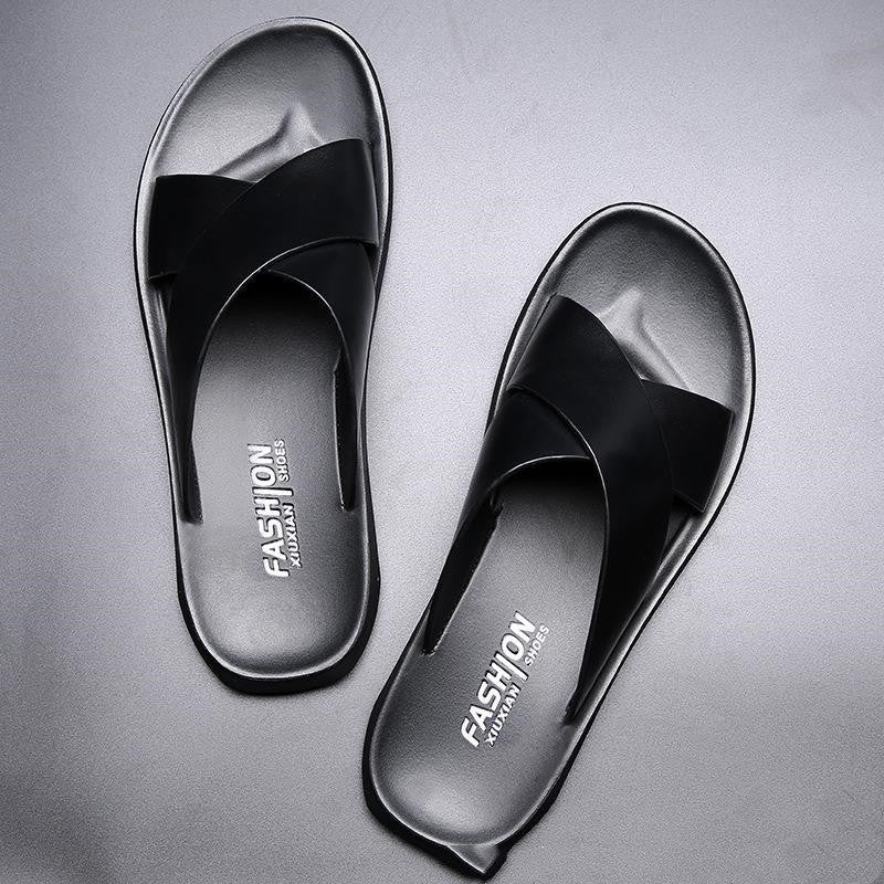 Unisex Cowhide Leather Cross-Strap Sandals