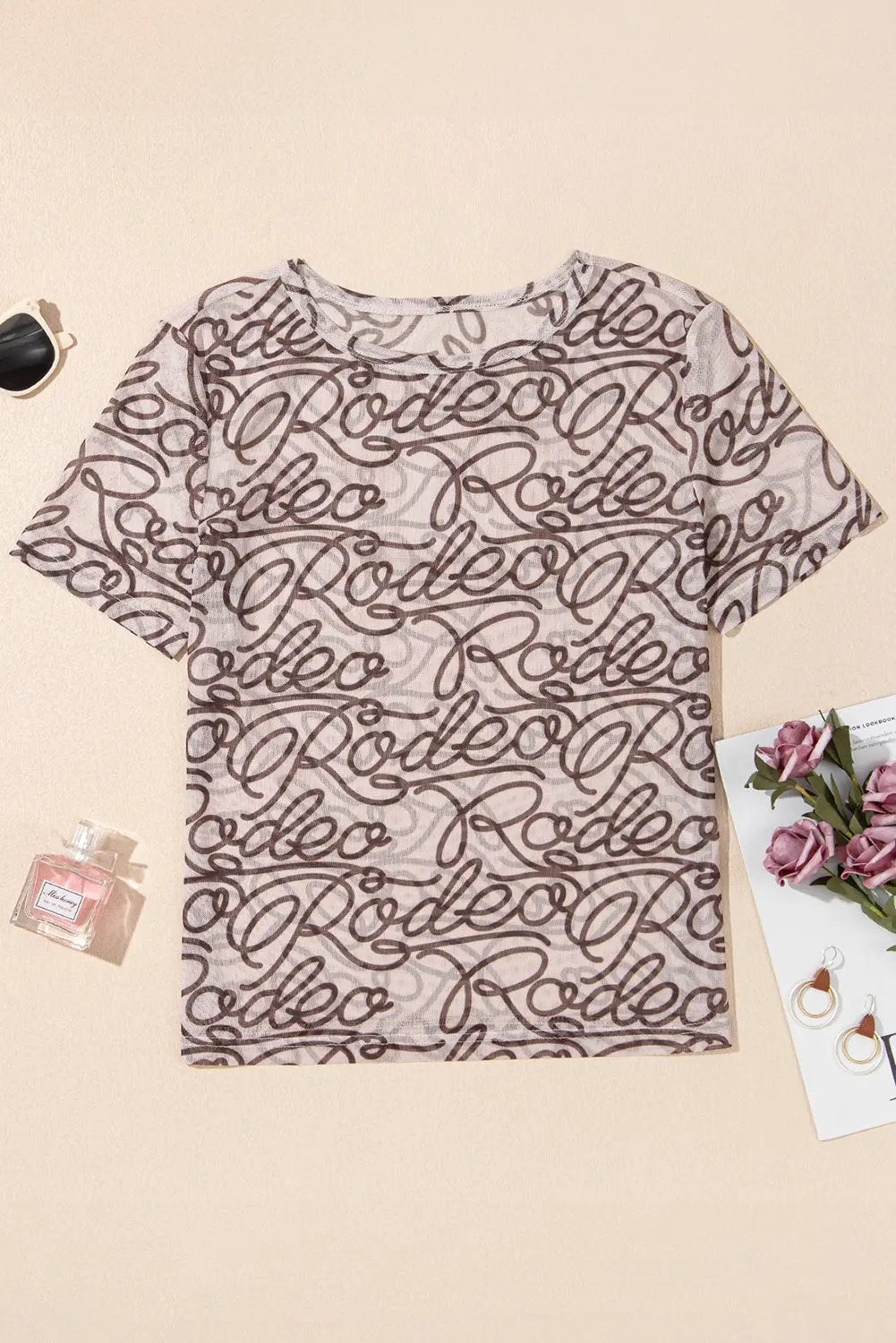 Shorts Love Salve Brown Rodeo Mesh Tee Men's Daily/Rock Slim Fit T-Shirt Sheer Fabric