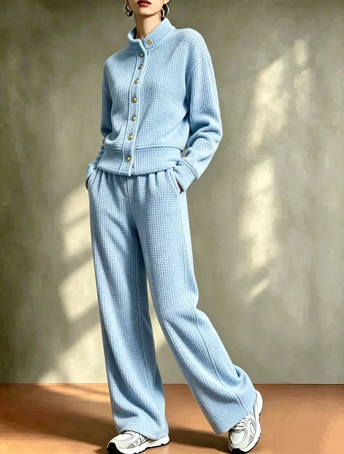 Women's Waffle Stand-Collar Cardigan & Wide-Leg Pants Set
