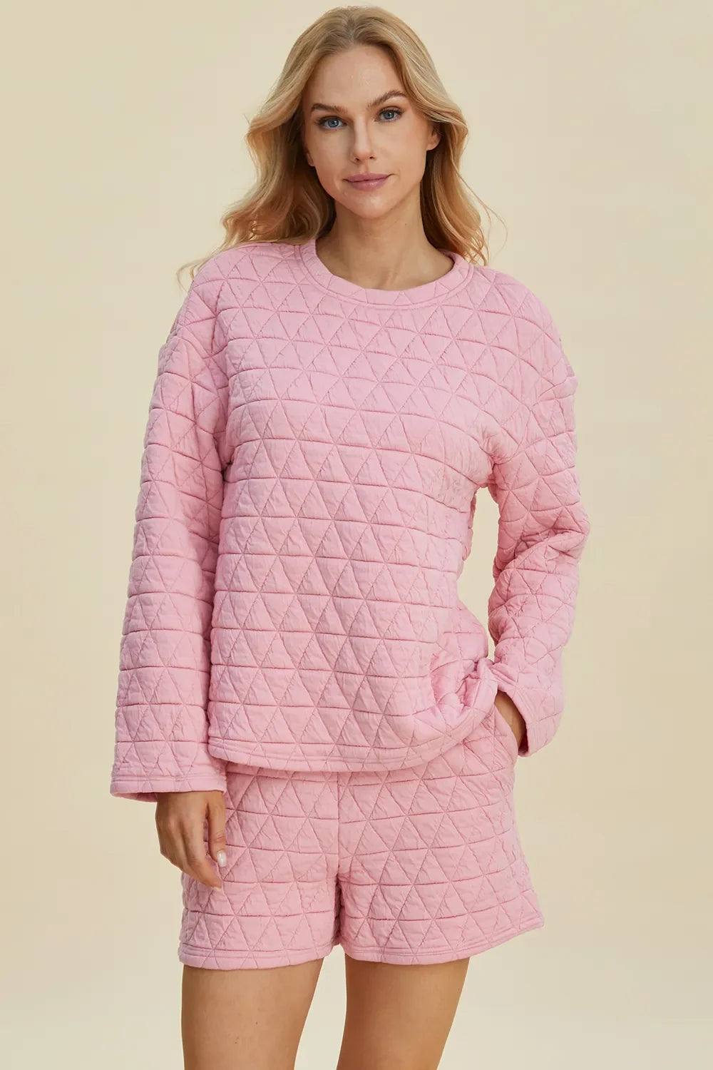 Double Take Textured Long Sleeve Top & Shorts Set
