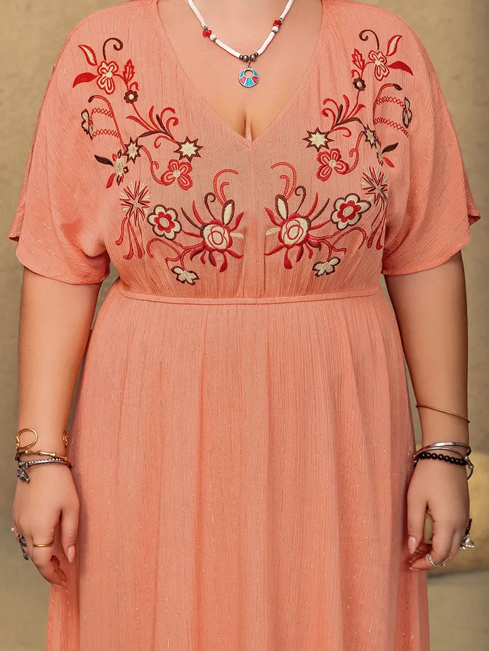 Frill Embroidered V-Neck Half Sleeve Maxi Dress