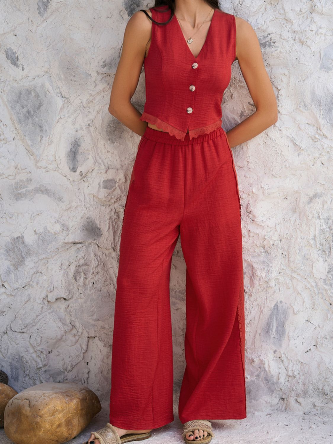 Devine Button Down Lace Detail Vest and Pants Set – Elegant Two-Piece with Stretchy Comfort See size chart under “more details”
