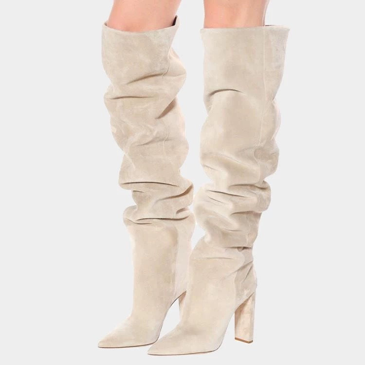 Women's Matte Over The Knee Thick Heel Pleated Boots