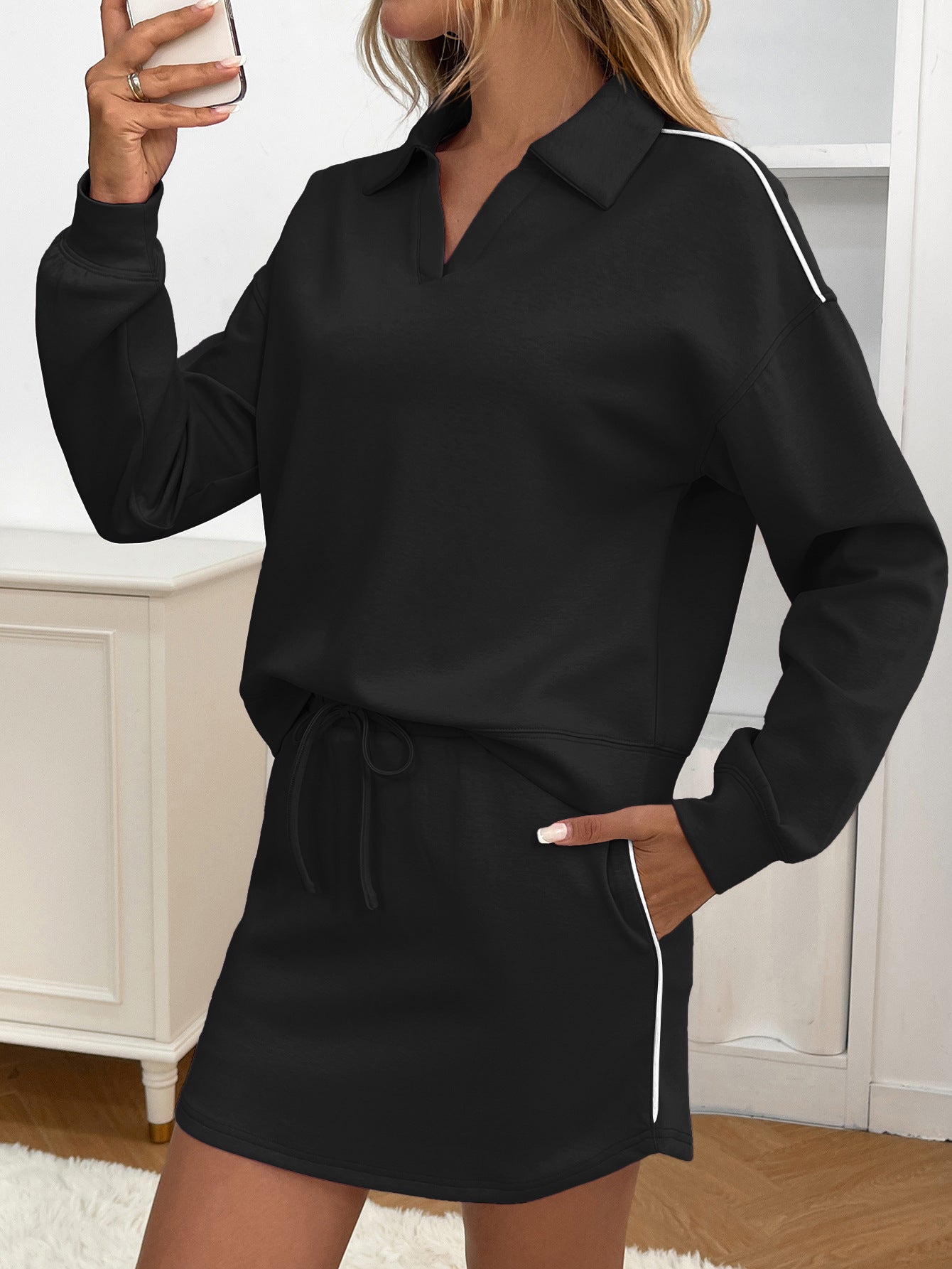 Casual Sport Lapel Long Sleeve Top With Pocket Skirt Set