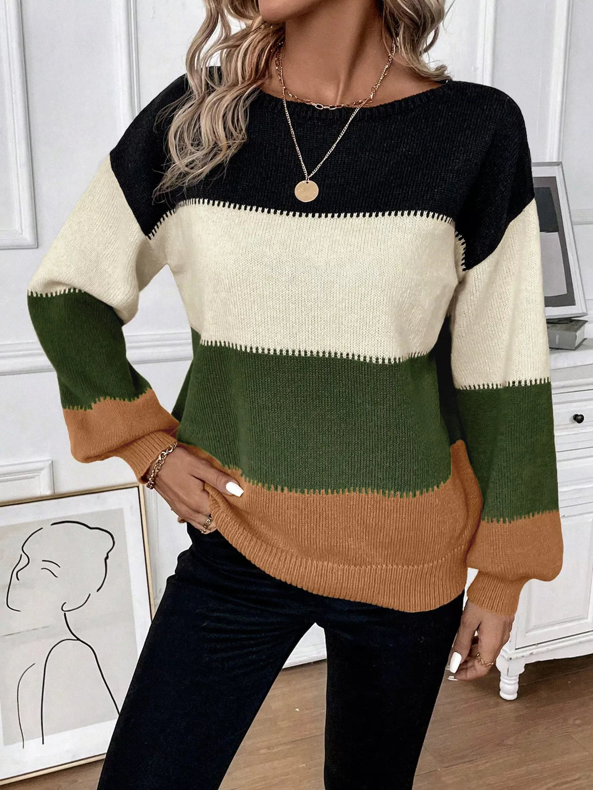 Color Block Round Neck Knit  Sweater