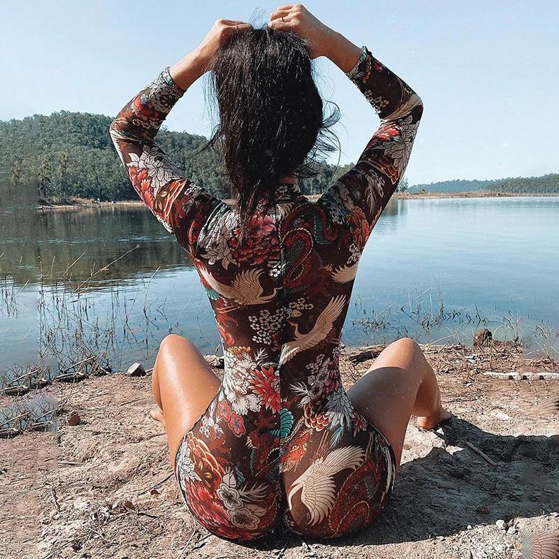 New Style Ladies One-piece Shorts Women Suit Printed Brown