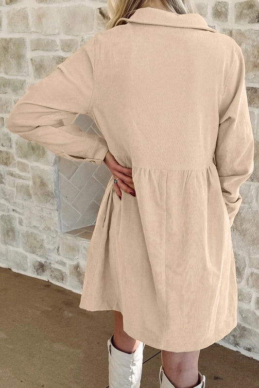 Oatmeal Corduroy Half Button Collared Long Sleeve Mini Dress