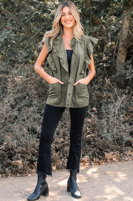 Denim Patchwork Ruffle Sleeve Jacket Vest See size chart under “more details”