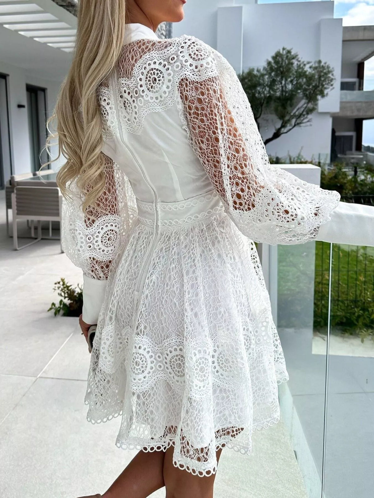 Lace Lantern Sleeve Mini Dress