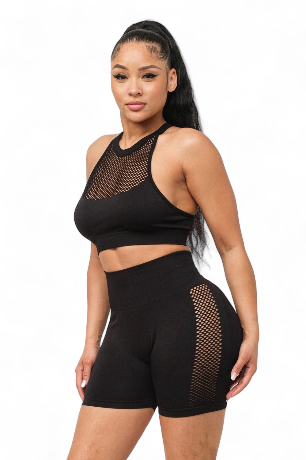 Conjunto de top halter y shorts con contraste de rejilla delantera