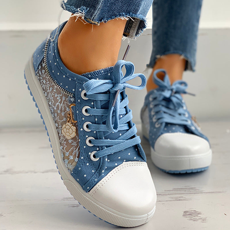 Zapatillas Informales de Lona con Estampado de Lunares y Bordado Floral para Mujer