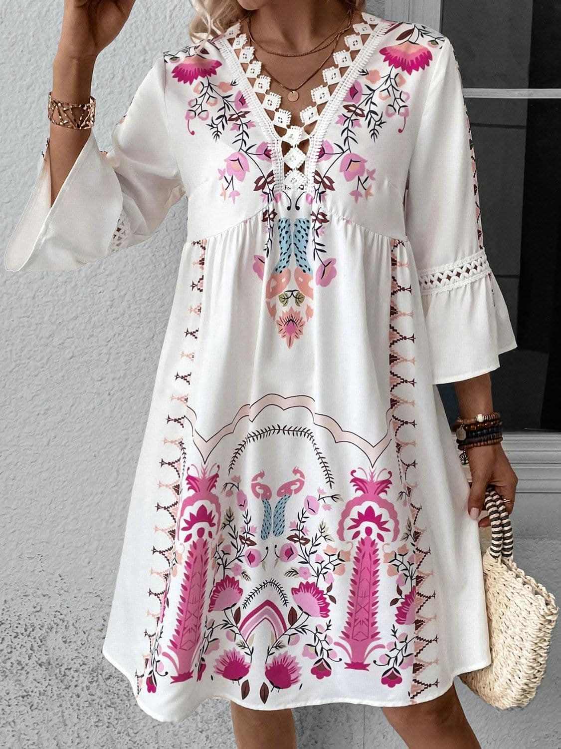 Dresses Trendsi Lace Printed Three-Quarter Dress with Sheer Elegan
