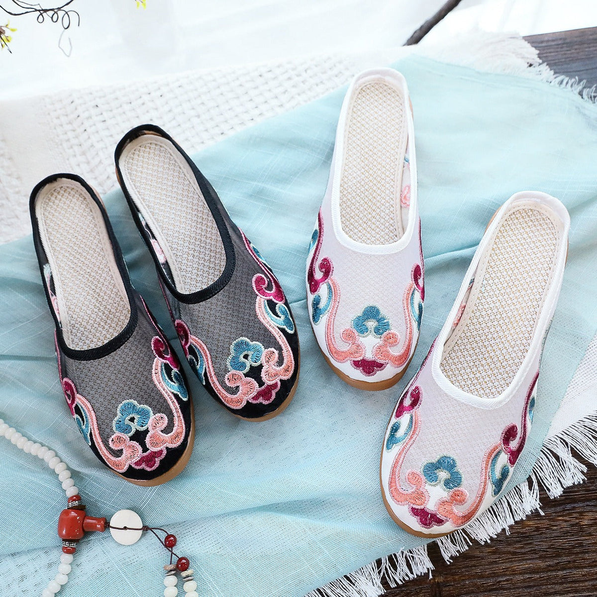 Slippers Mesh Embroidered Cotton Shoes Casual Women Outdoor Slippers