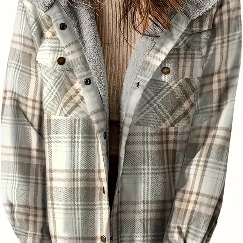 Women's Plaid Button-Up Long Sleeve Jacket Fall Winter  Flap Button Pocket Design Casual Hooded Fleece-Lined Warm Coat See size chart under “more details”