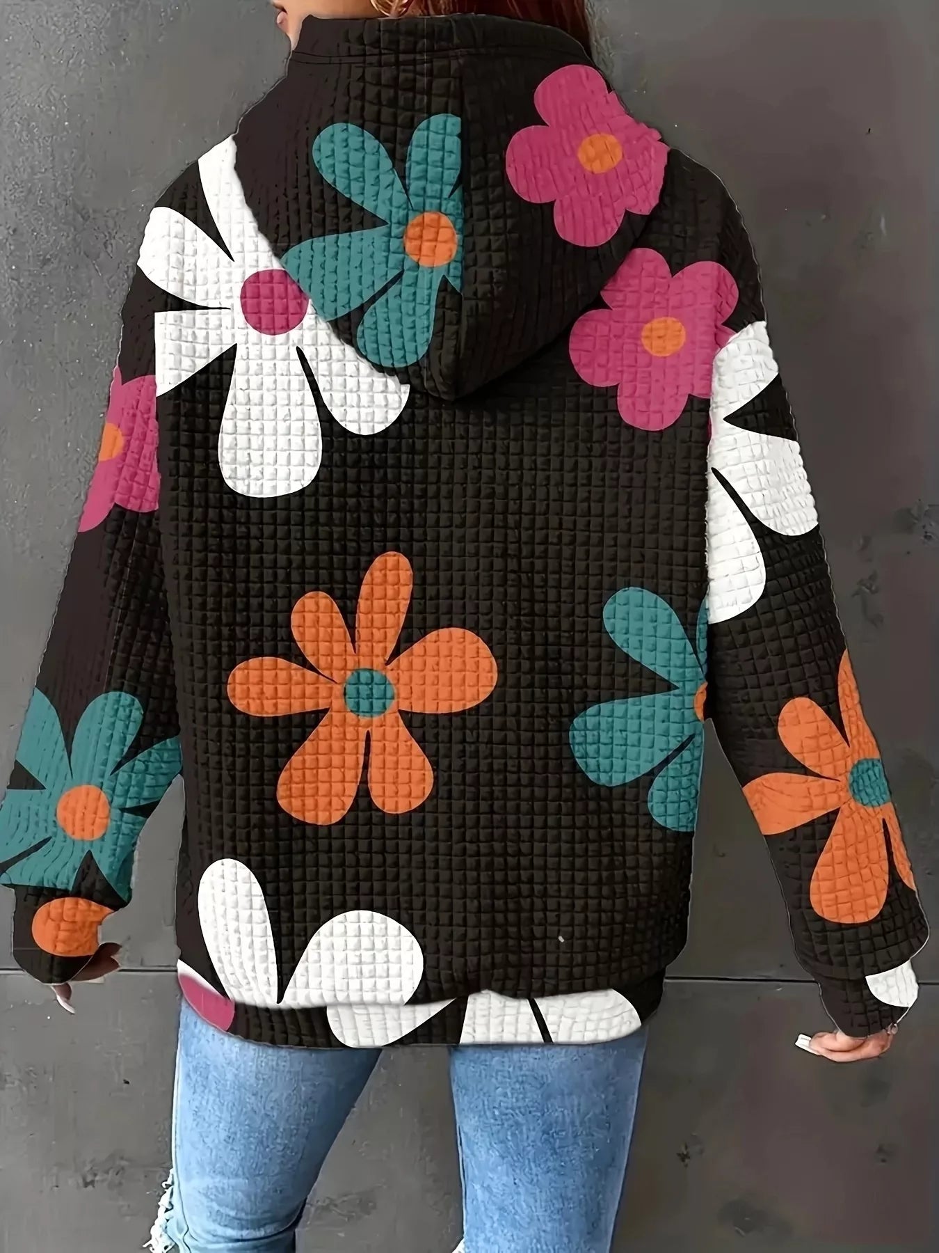 Sudadera con capucha y cordón con textura y estampado floral