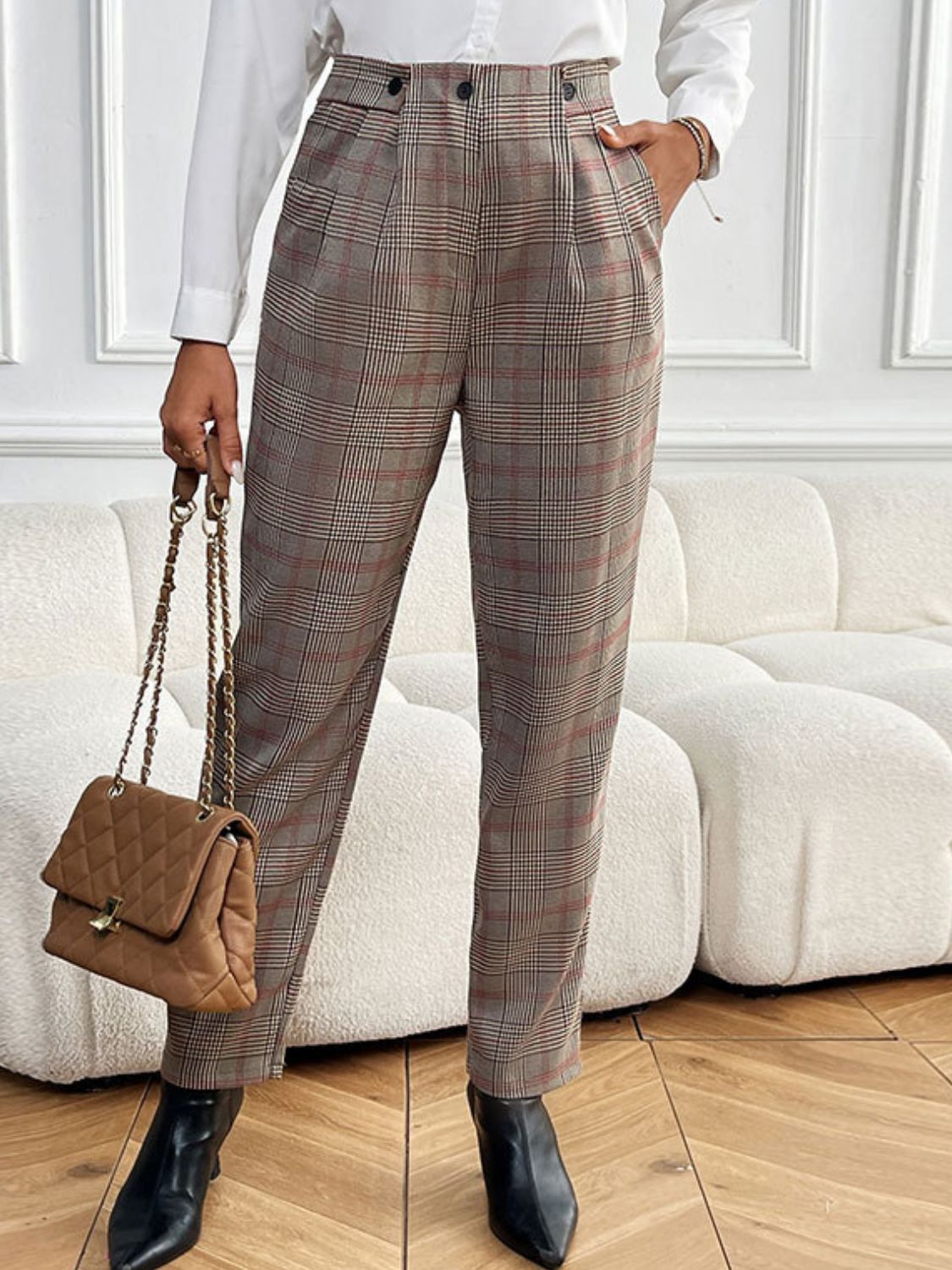 Pantalones Rectos Perfee de Cuadros con Bolsillos