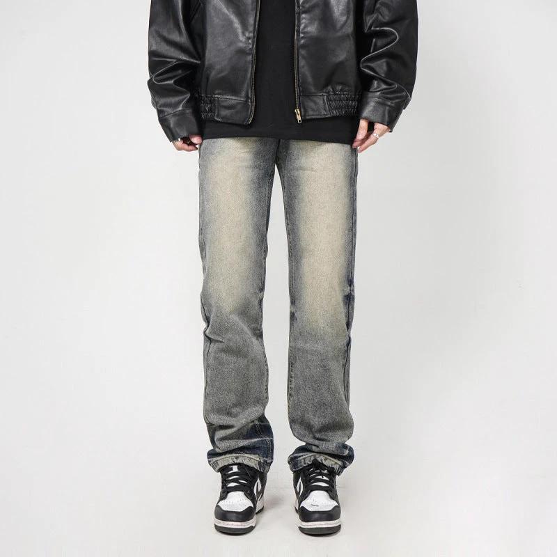 High Street Washed Yellow Mud Dyed Loose Straight Jeans For Men