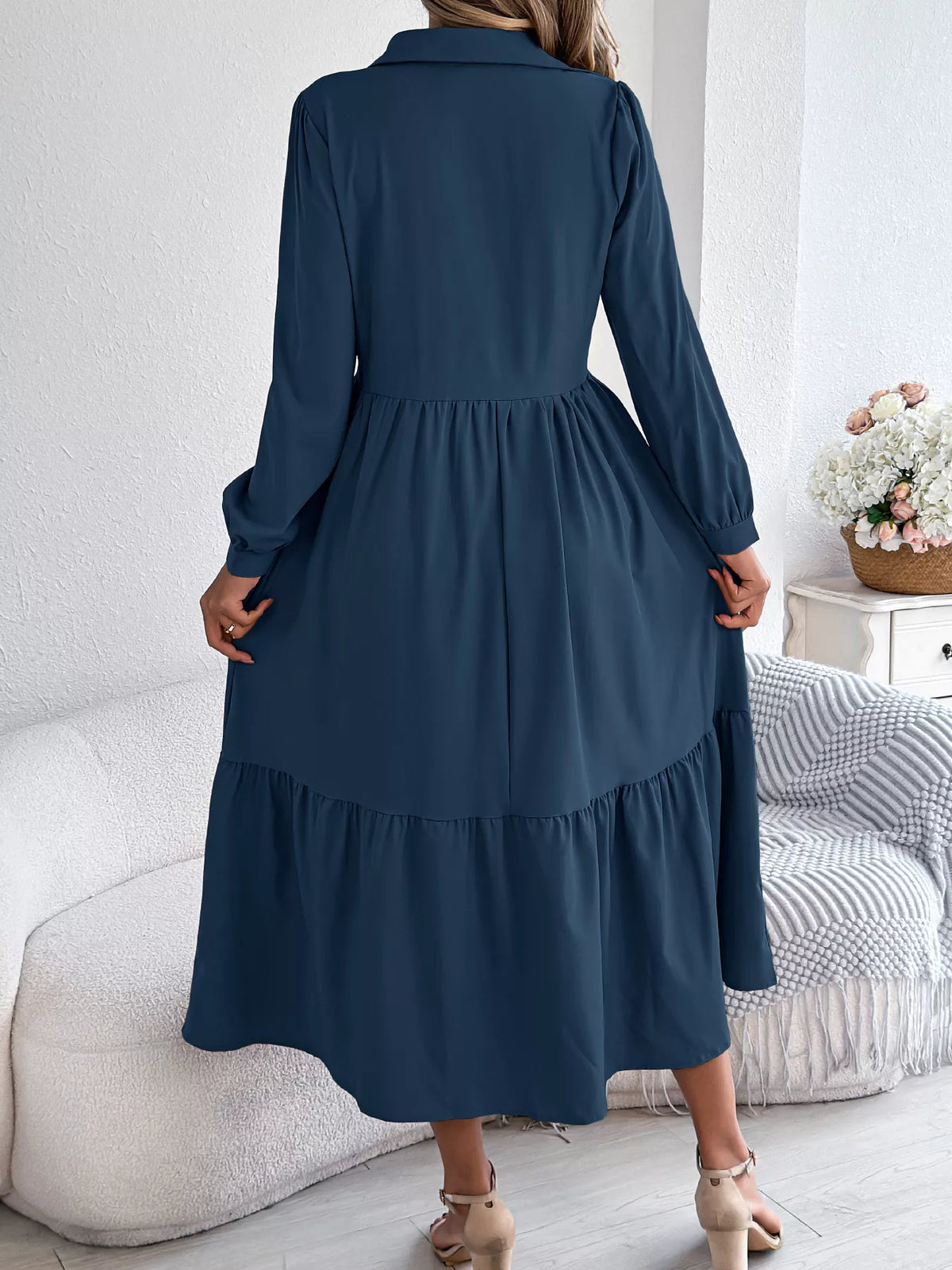 Long Sleeve Tiered Button Front Midi Dress