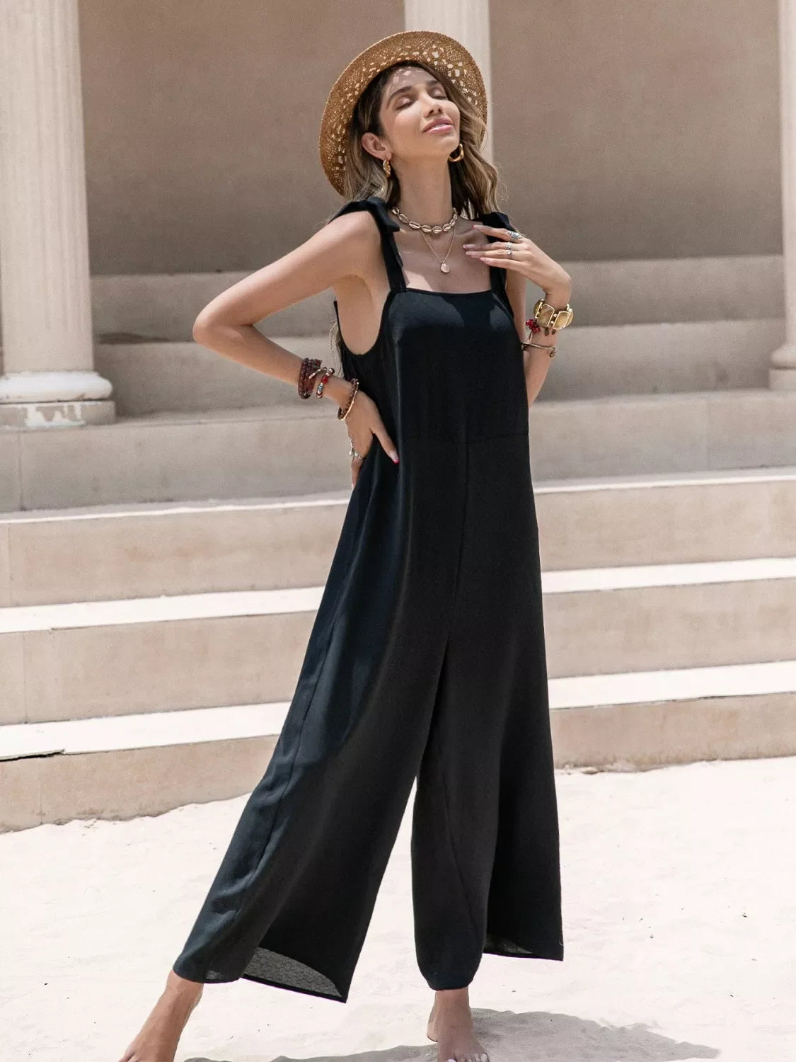 Sleeveless Wide Leg Jumpsuit with Tie Shoulder
