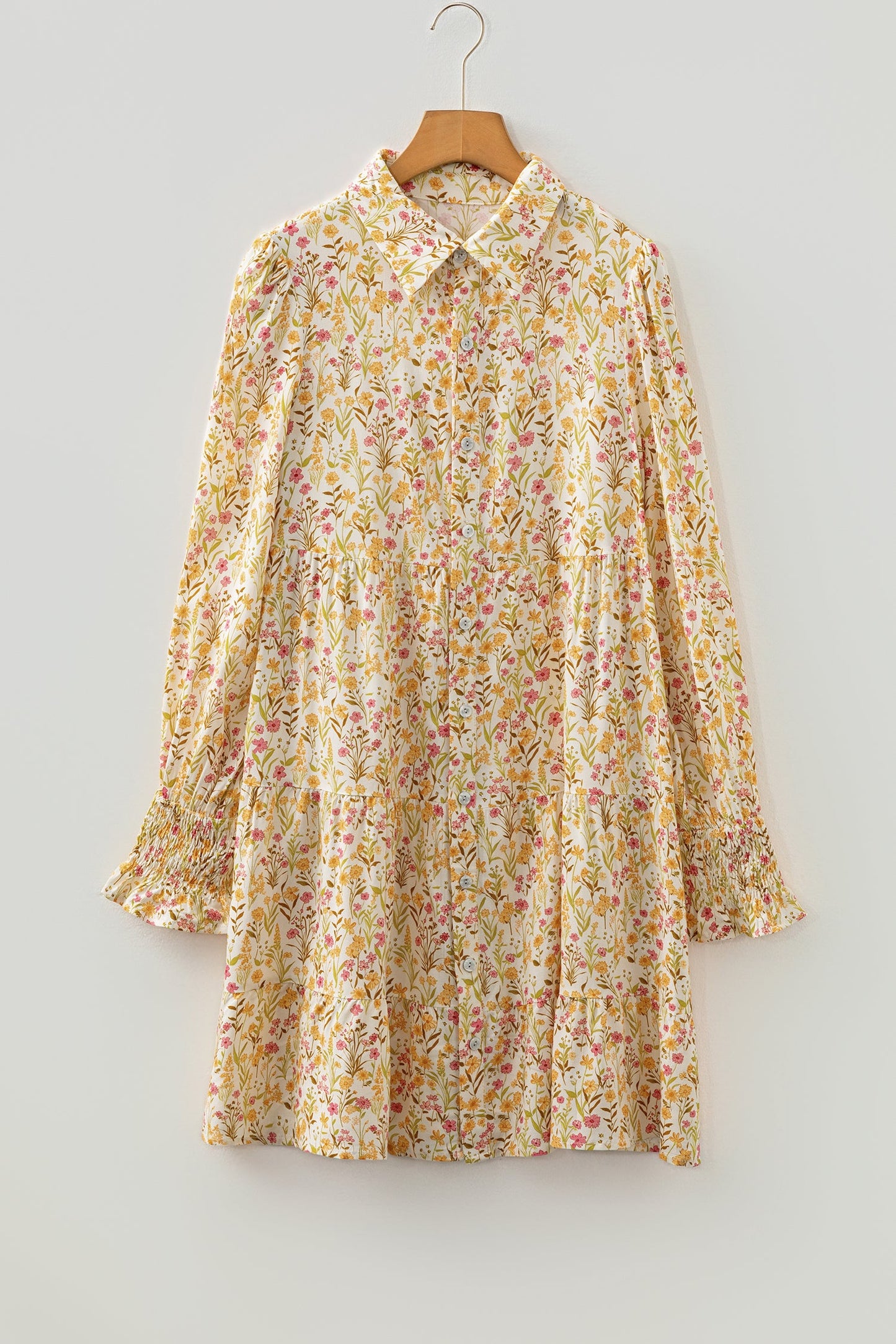 Vestido Camisero Holgado de Manga Larga con Estampado Floral Amarillo, Ribetes Volantes y Puños Fruncidos