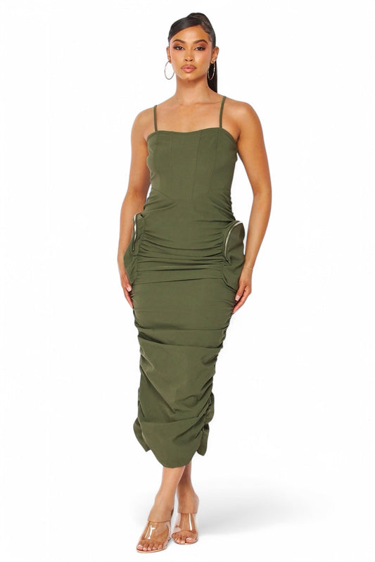 Vestido de tanque de nailon fruncido con bolsillo cargo Erin