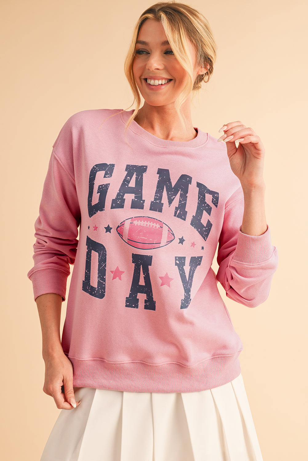 Sudadera Rosa con Hombros Caídos y Gráfico de Día de Partido de Rugby