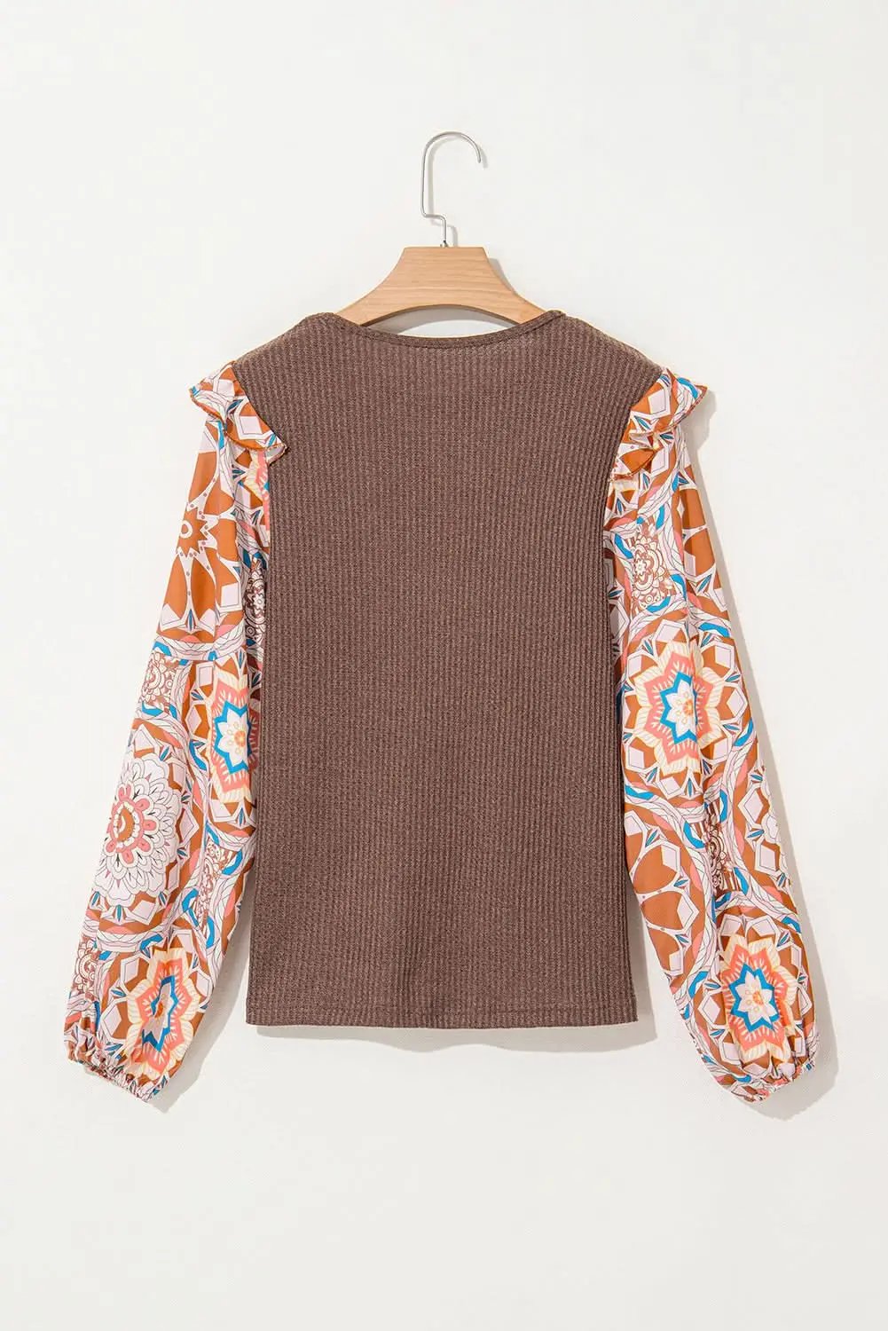 Love Salve Coffee Waffle Knit Blouse With Floral Patchwork