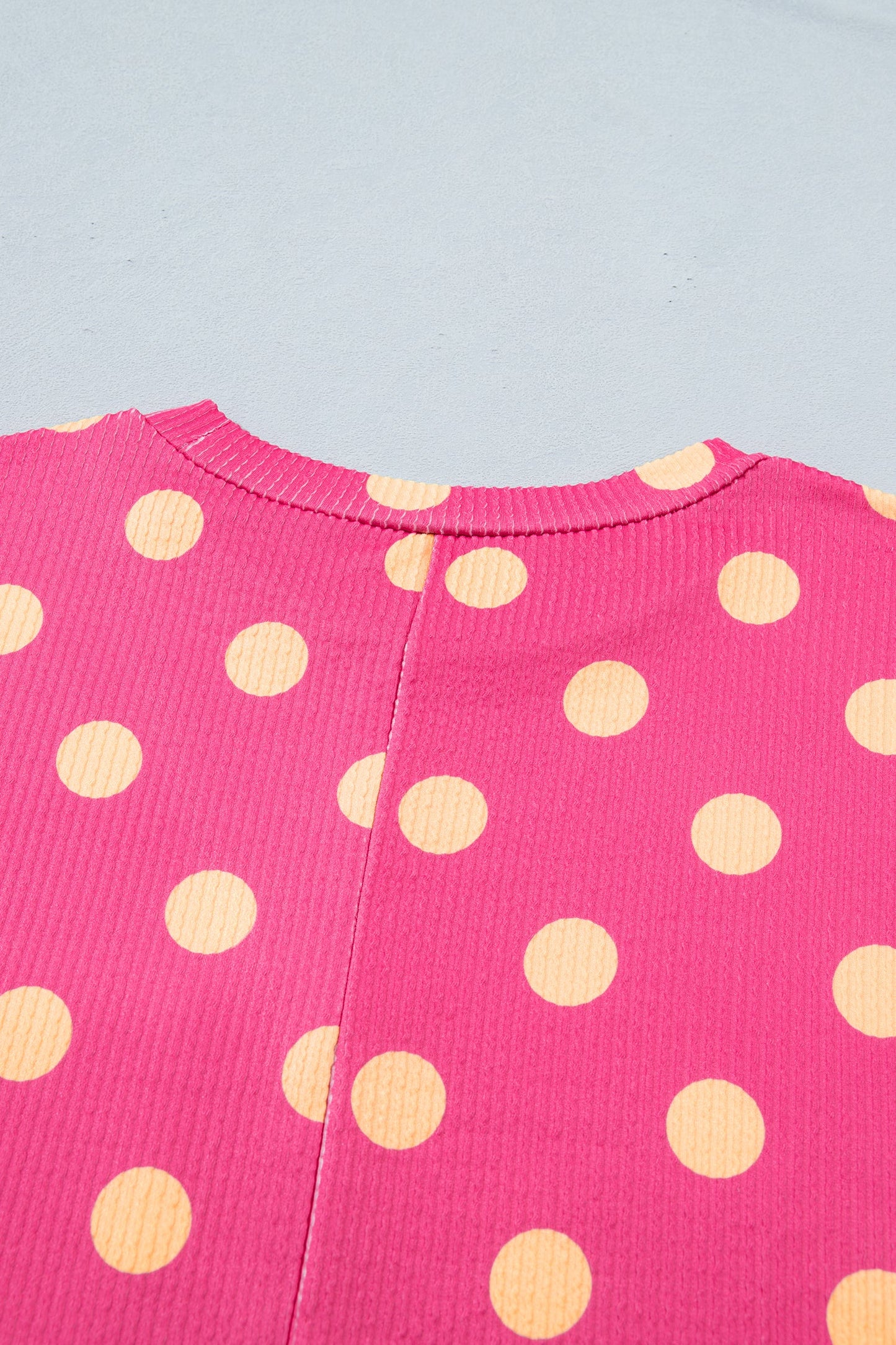 Pink Polka Dot Round Neck Drop Shoulder Patch Pocket Jacquard Texture Top