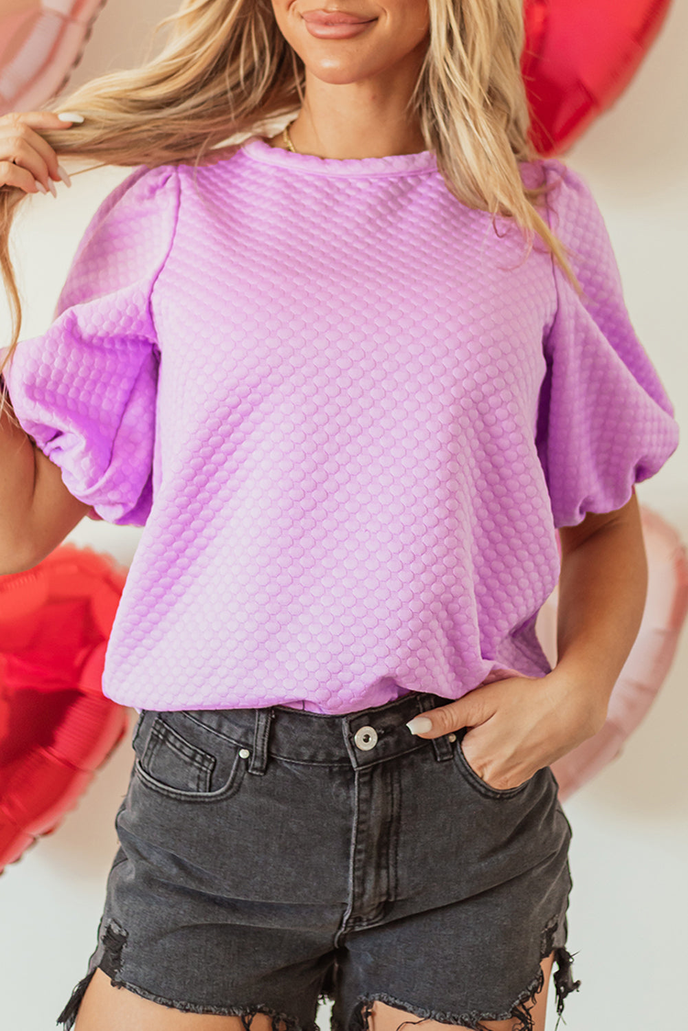 Blusa Phalaenopsis con textura sólida, cuello redondo y mangas abullonadas