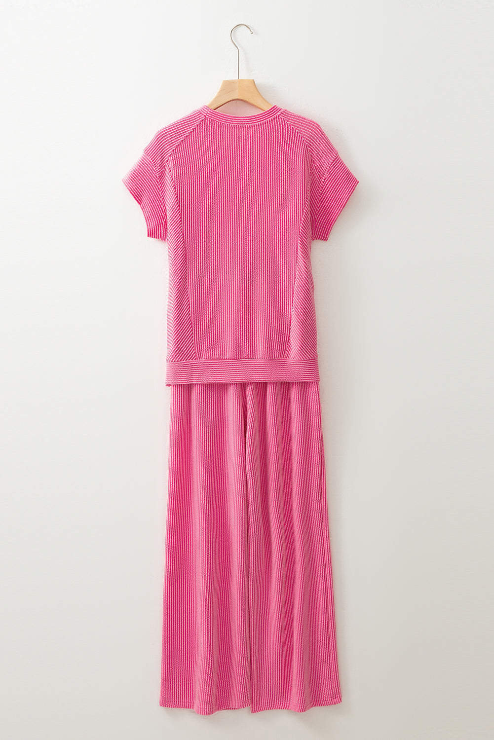 Wild Wind Solid Corded Short Sleeve Shirt and Wide Leg Pants Set