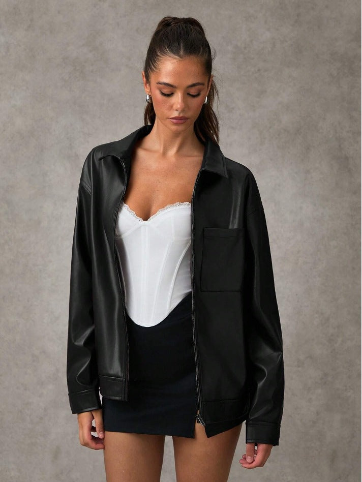 High-end Sophisticated Leather Jacket With A Lapel Collar And Zipper-front Cardigan Top