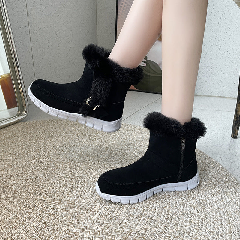 Botas de Nieve Nuevas Botines Gruesos Cálidos de Invierno de Color Sólido con Peluche y Diseño de Hebilla Zapatos Planos de Terciopelo para Mujer