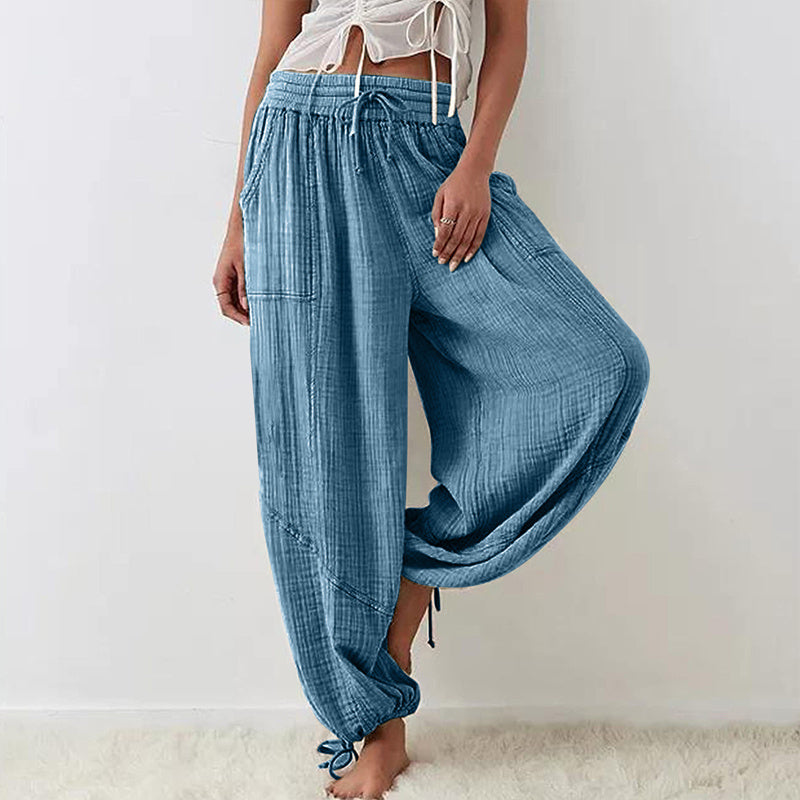 Pantalones de pernera ancha de color liso para mujer – Cintura elástica con cordón y bolsillos laterales