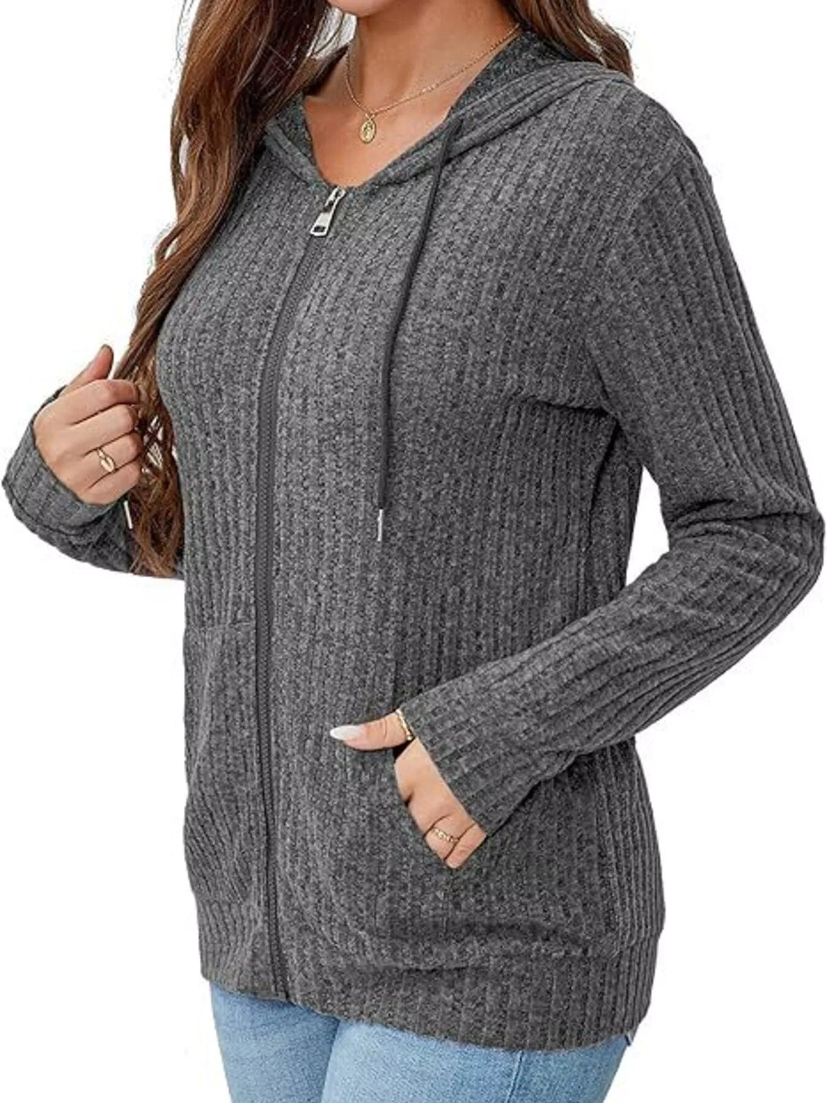 Ribbed Zip Up Hooded Outerwear