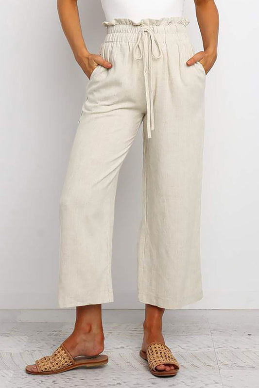 Pantalones capri rectos color caqui con cintura paperbag