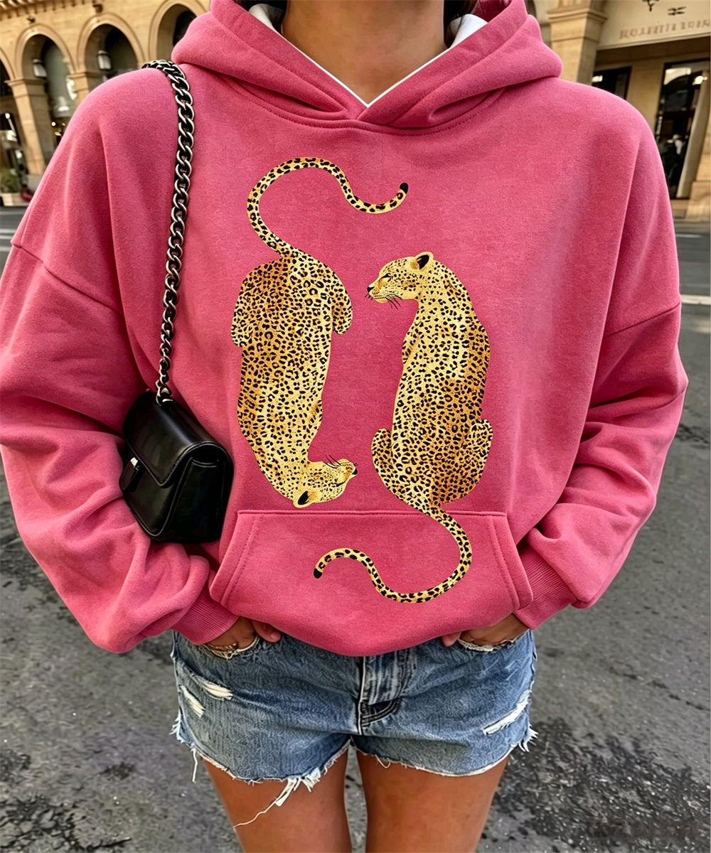 Women's Vintage Two Leopards Graphic Print Hoodie, Long Sleeve Drawstring Casual Pullover Sweatshirt With Kangaroo Pocket