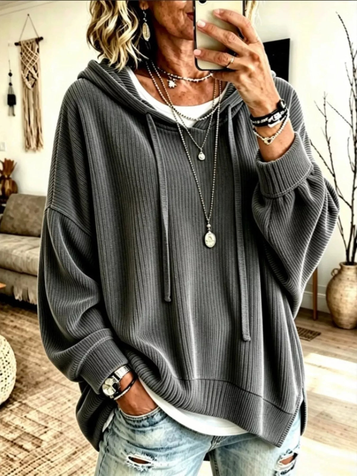 Drawstring Ribbed Knit Hoodie