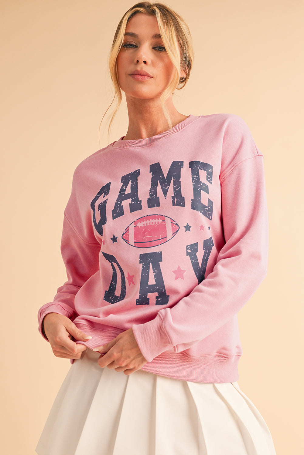 Sudadera Rosa con Hombros Caídos y Gráfico de Día de Partido de Rugby