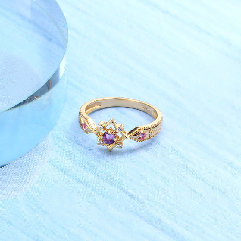 S925 Sterling Silver Amethyst Diamond Ring