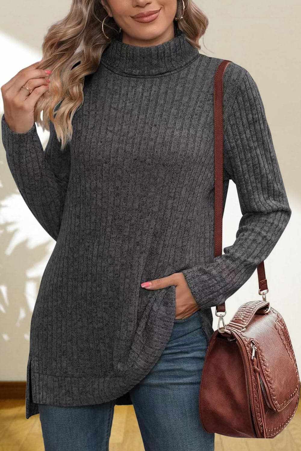 Sweater Pullovers Trendsi Chic high-low turtleneck top