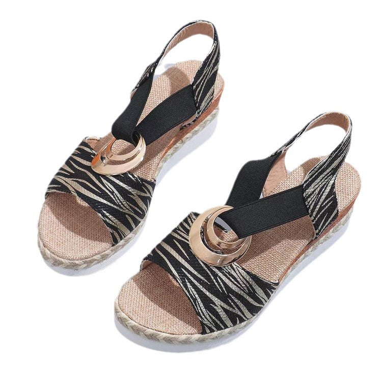 Women's Metal Buckle Hemp Rope Wedge Peep Sandals