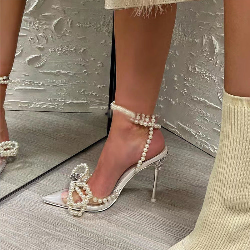 Women's Transparent Crystal Pearl Bow Stiletto Sandals